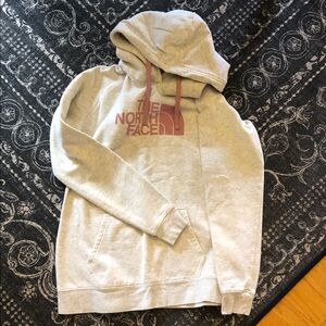The North Face Light Gray Hoodie with Pink Accents